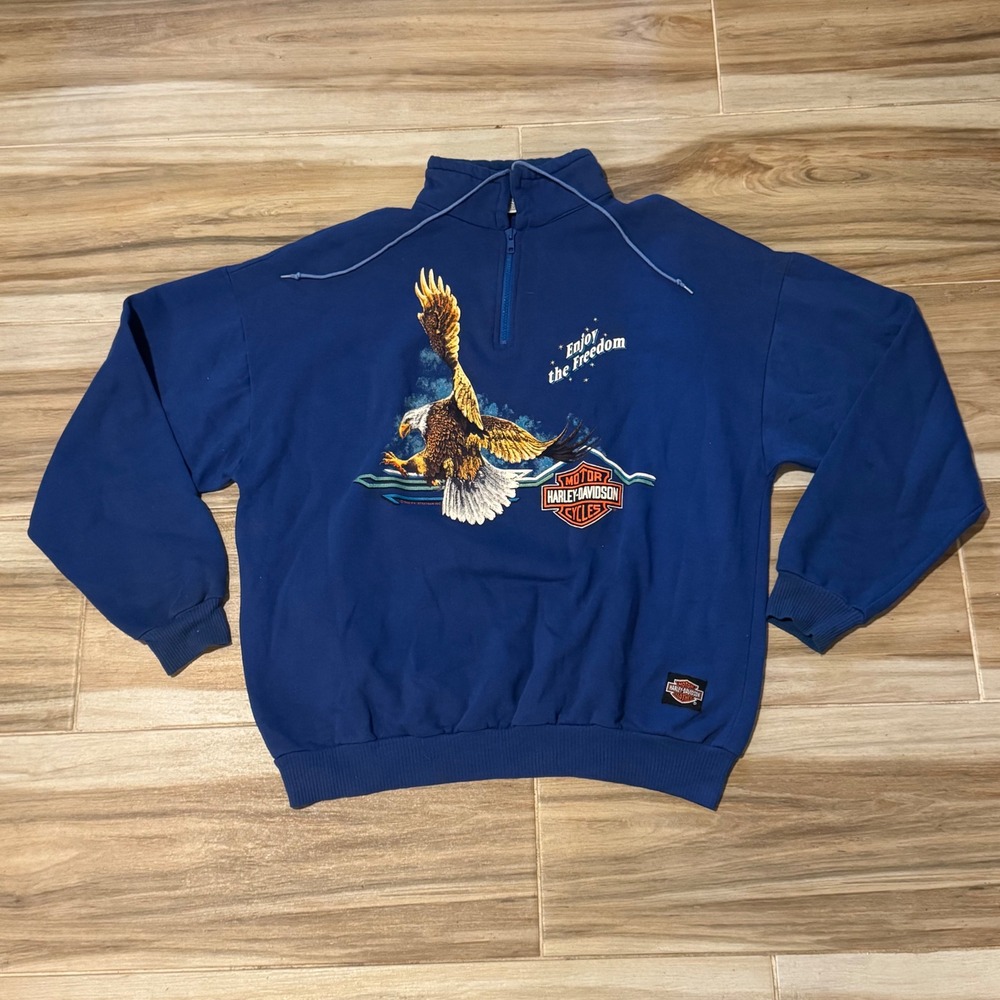 Vintage 1990 Harley Davidson Enjoy The Freedom Eagle Quarter Zip Sweatshirt